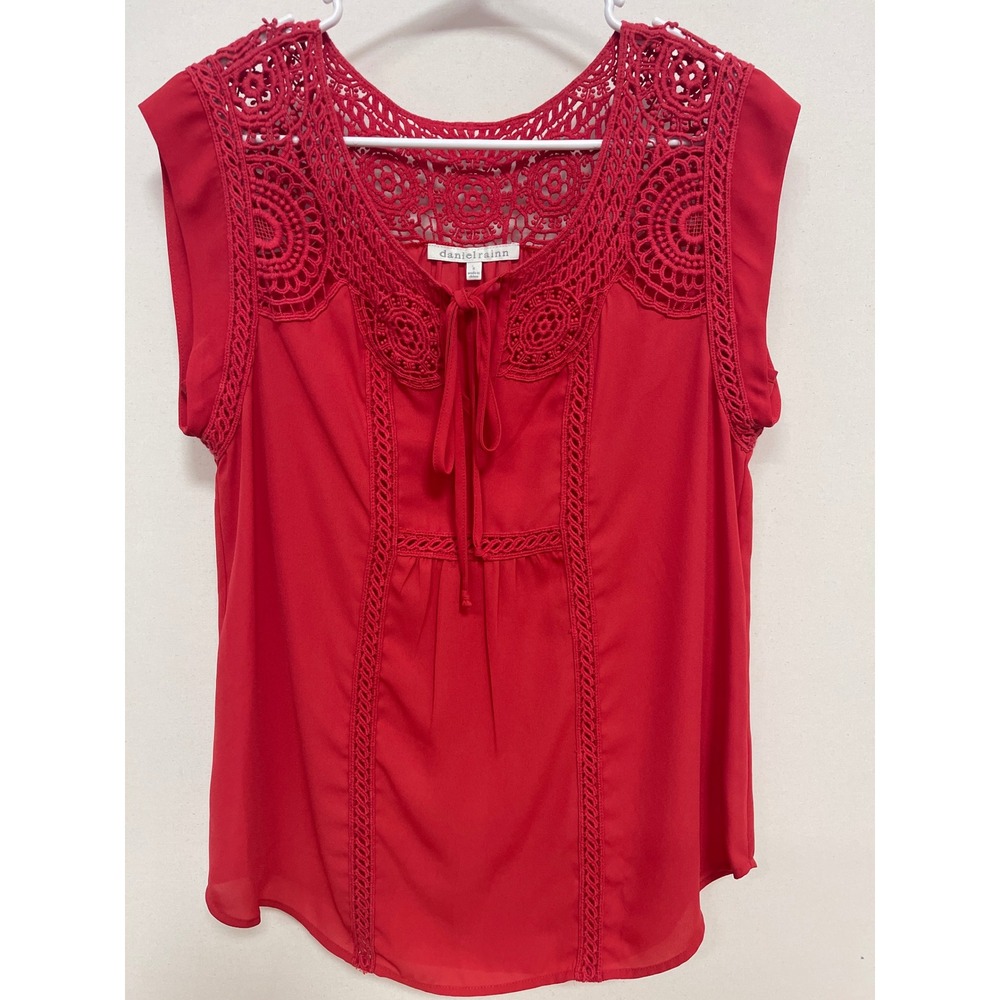 Daniel Rainn Red Sleeveless Crochet Lace Trim Tie Neck Blouse Top Small